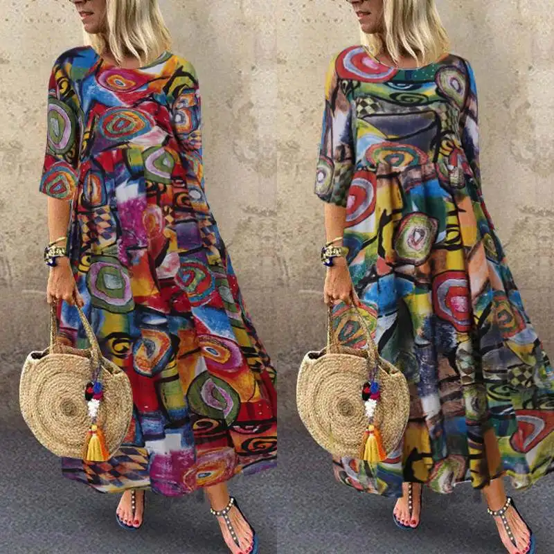 Женское платье осень лето ZANZEA винтажное Vestidos Плиссированное длинное платье макси с принтом туника плюс размер Femme 3/4 рукав халат