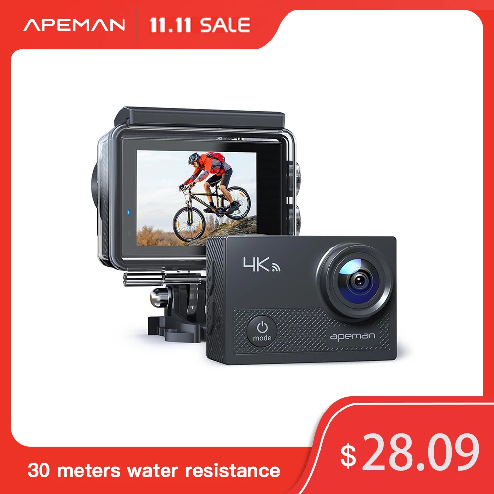 A77 APEMAN action camera 4K, 20MP Wi-Fi waterproof, sports camera 2 inch and 170 degree with hiperestabilización with 20 accessories and remote control