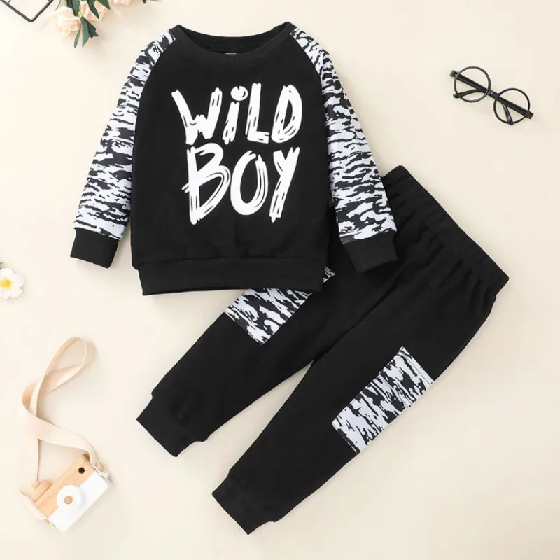 

Осенний комплект из 2 предметов для маленьких мальчиков, Модный Топ с длинным рукавом и буквенным принтом и брюки с эластичным поясом, на вес...