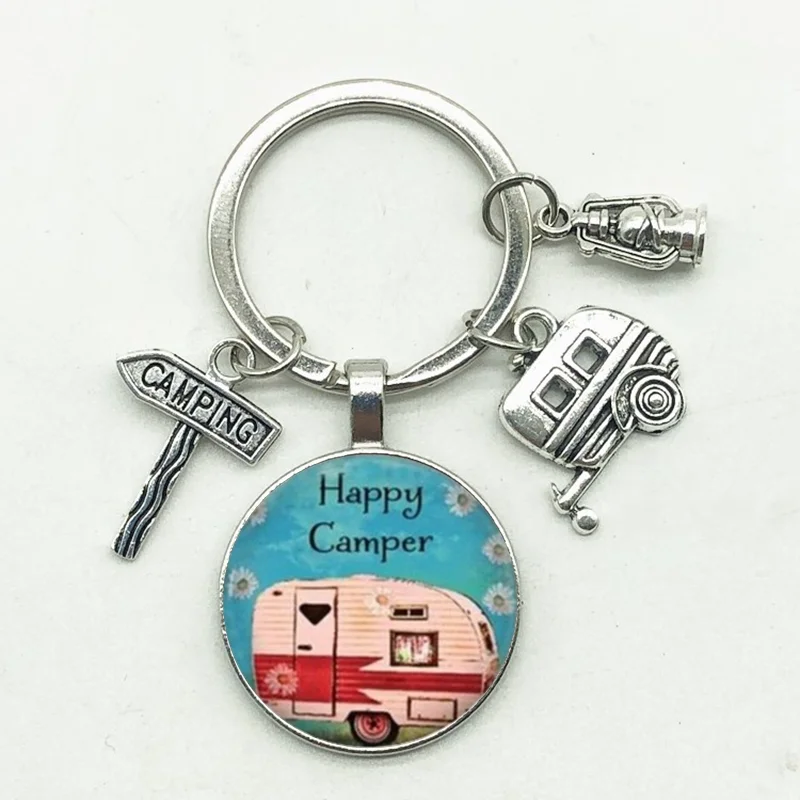 

happy camping Cute Travel Car I Camp camper key Road sign Keychain Glass Cabochon Traveler Key Chain goddess charm wholesale