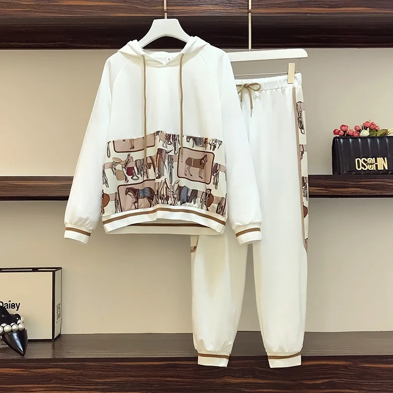 

Plus Size Tracksuit Women Autumn 2021 Long Sleeve Hoodies And Loose Casual Elastic Waist Pants Cotton Two Piece Clothes 5XL