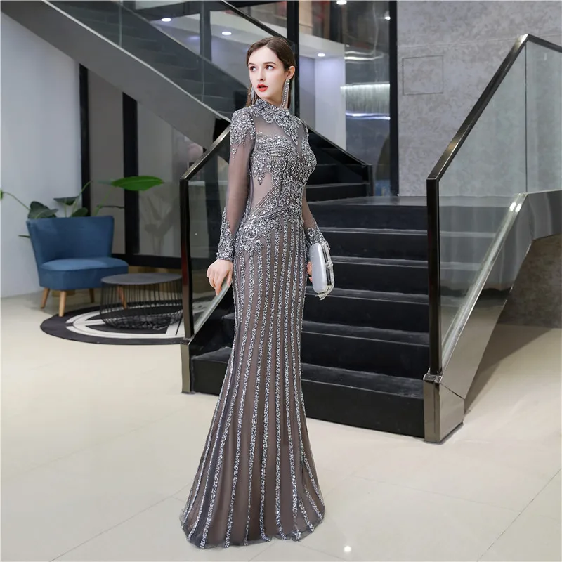 Milomi. CP цвет шампанского серый круглый вырез длинный рукав Русалка вечернее