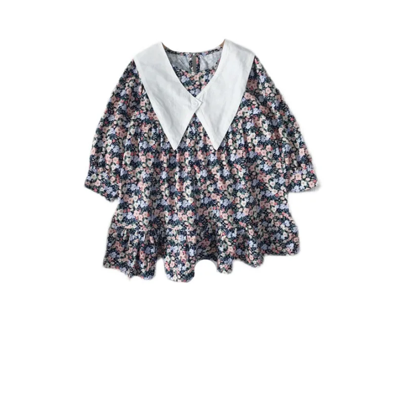 

2021 Girls Fall Lapel Long Sleeve Floral Dress Girl Clothes Little Girls Costume Kids Dresses for Girls Knee-Length Dress
