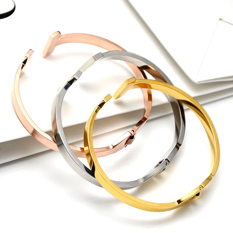 

Boho Jewelry Fashion Double T Shape Braided Bracelets For Women Men Gift Charm Gold Color Stainless Steel Bangles Bijoux Femme
