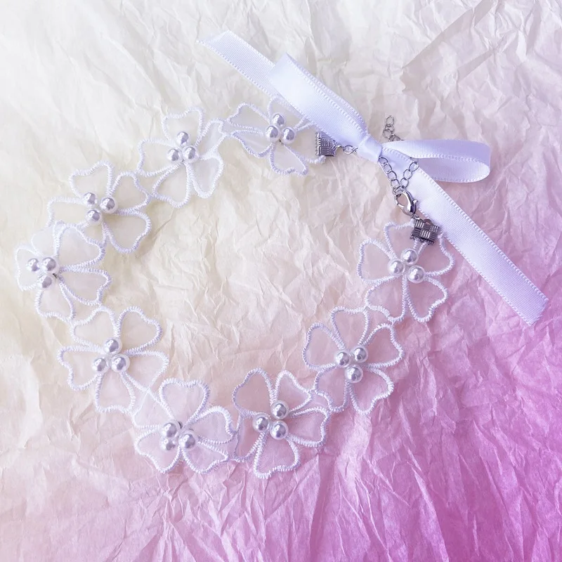 

MENGJIQIAO New Elegant Baroque Style Lace Flower Choker Necklace For Women Students Fashion Pearl Voile Bowknot Holiday Jewelry