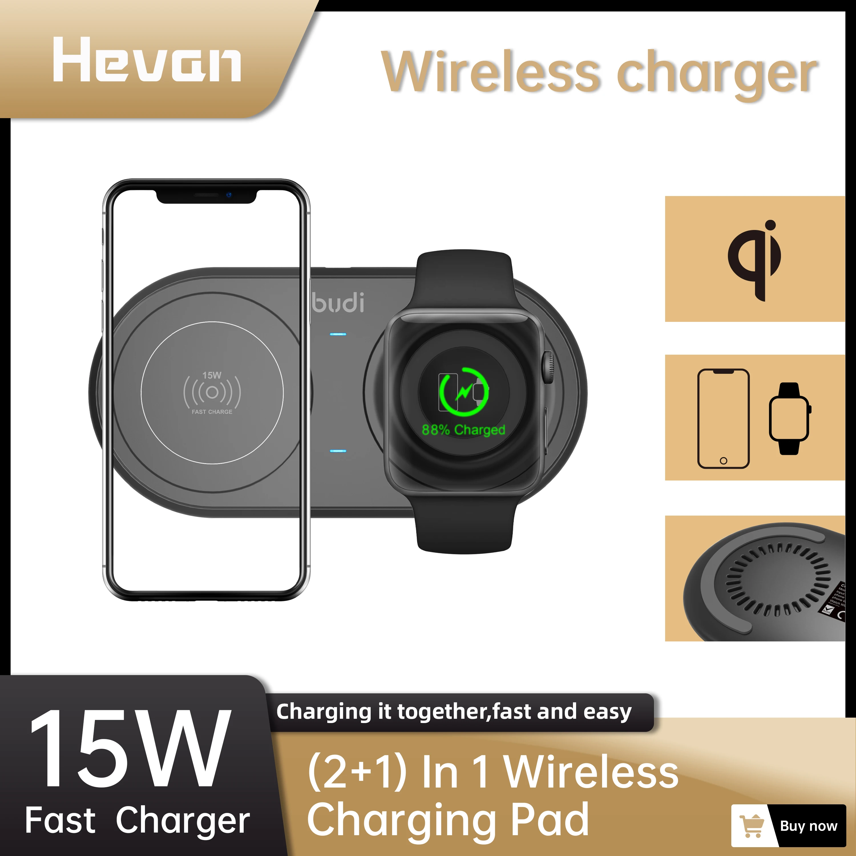 Беспроводное зарядное устройство Budi 2 в 1 15 Вт для Iphone 13 12 Pro Max Huawei Samsung Apple Watch Service 7