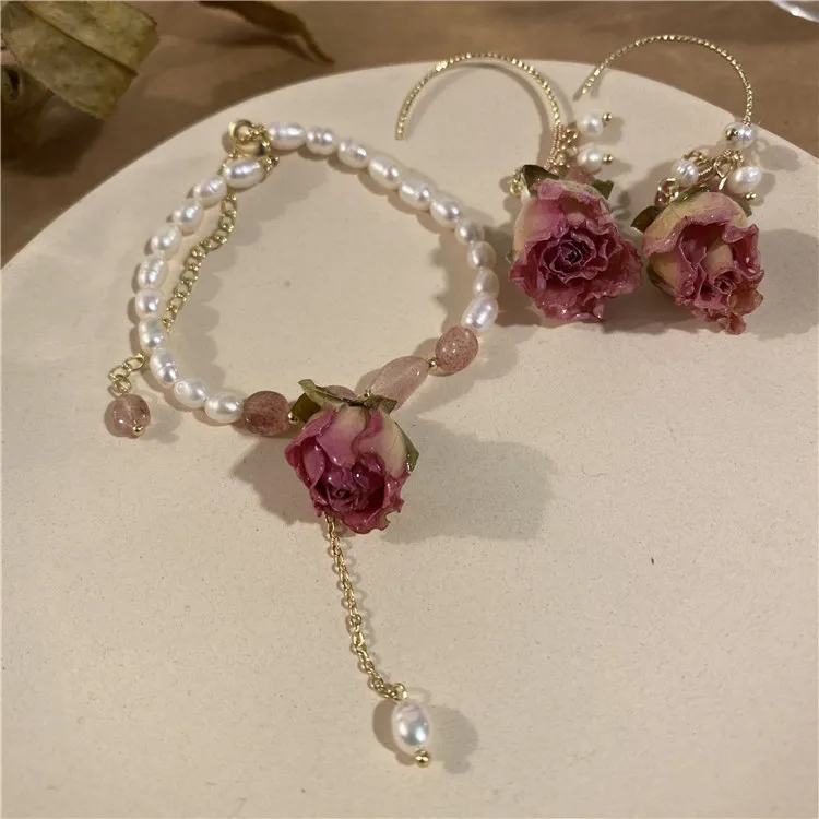 

Romantic Flower Earrings Pearl Bracelet with Flowers Pendant Jewelry for Women's Charm Earring Trendy Bangles
