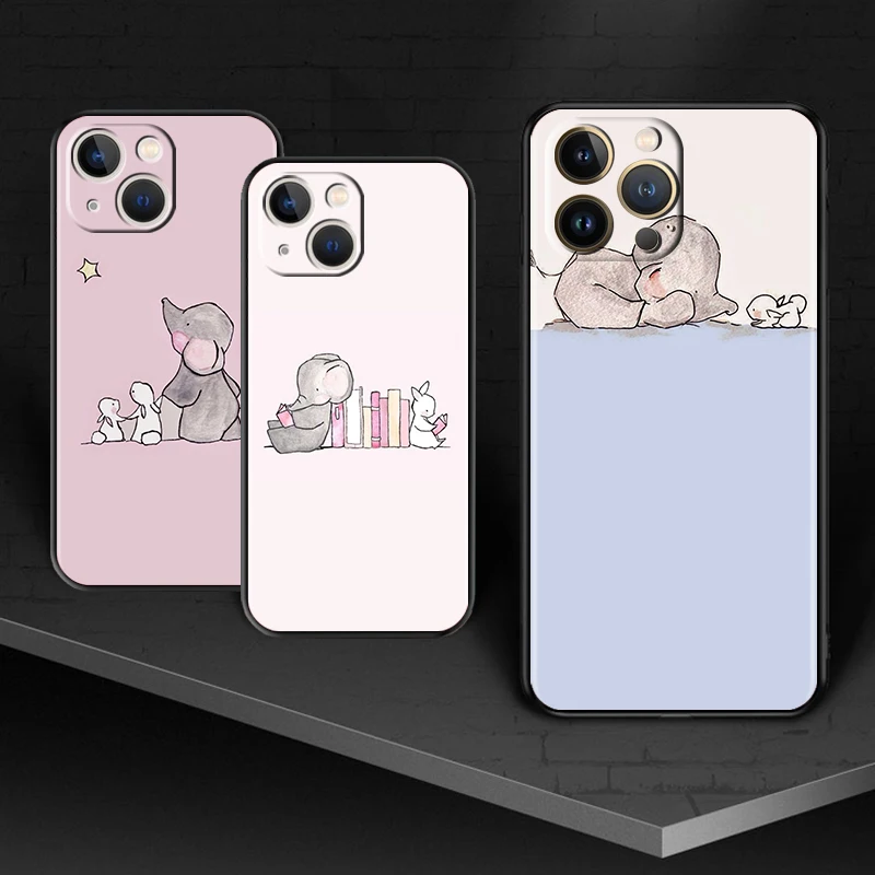

Elephant and Bunny Draw for Apple iPhone 13 12 11 Pro Max mini XS XR X 7 8 6S 5S SE 2020 Soft Black Phone Case Cover