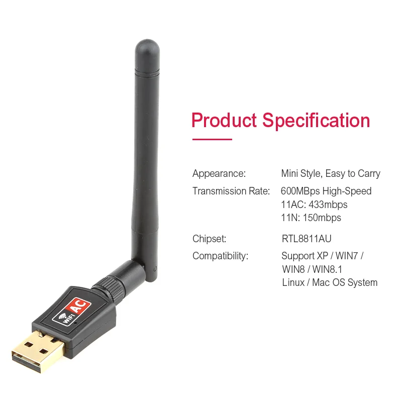Беспроводной USB Wi Fi адаптер AC600 Двухдиапазонный 600 Мбит/с 2 4 ГГц 5 с антенной ПК