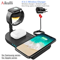 4 in 1 wireless charger stand qi 15w fast wireless charging station with lamp for apple iphone samsung watch airpods buds charge