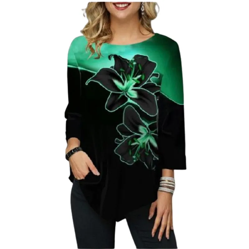 Платье с цветочным принтом женская футболка Новинка весны Осенняя длинными