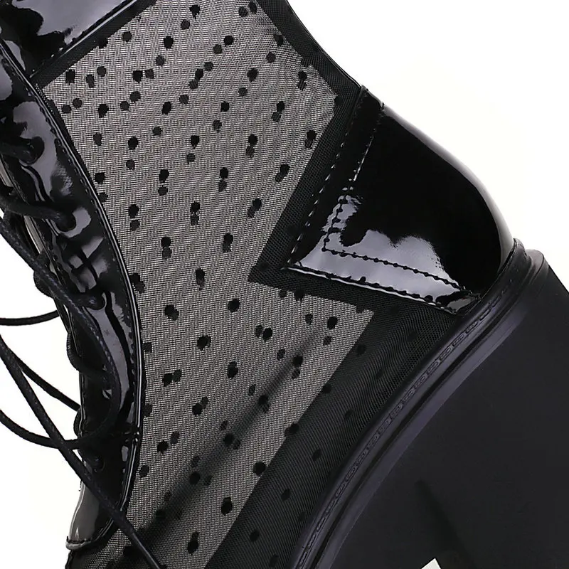 

Big Size 35-44 Women Ankle Boots Summer Hollow Breathable Mesh Boots Fashion Cross Tied Square High Heel Riding Platform Shoes