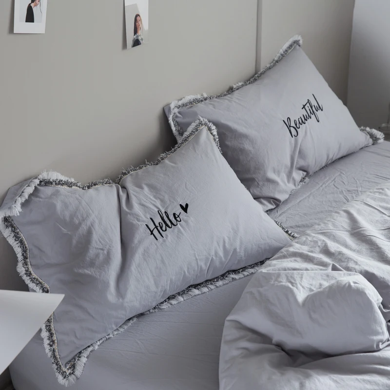 

74x48cm white/pink/grey 100% washed letter embroidered cotton pillowcase tassel single pillow cover bed single pillow case