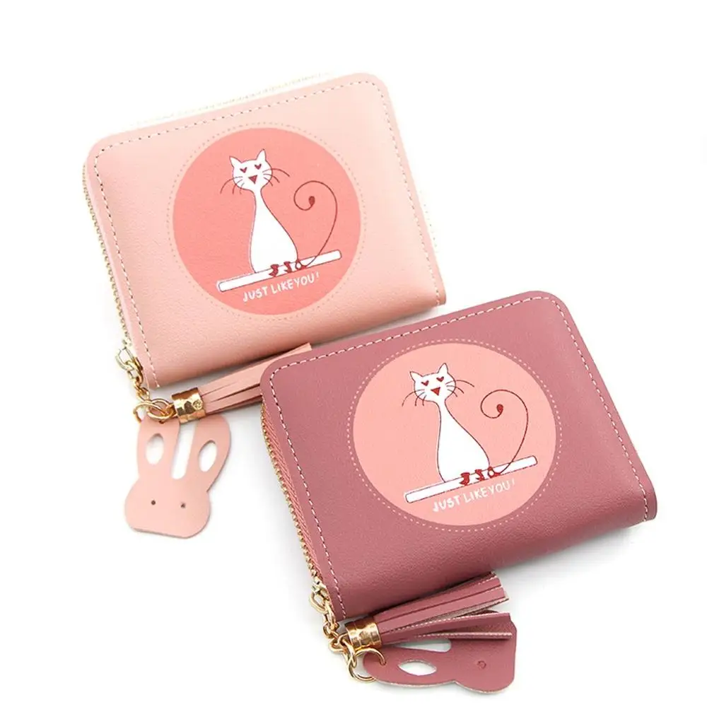 Женский кожаный кошелек на молнии с мультяшным принтом кошки держатель для карт