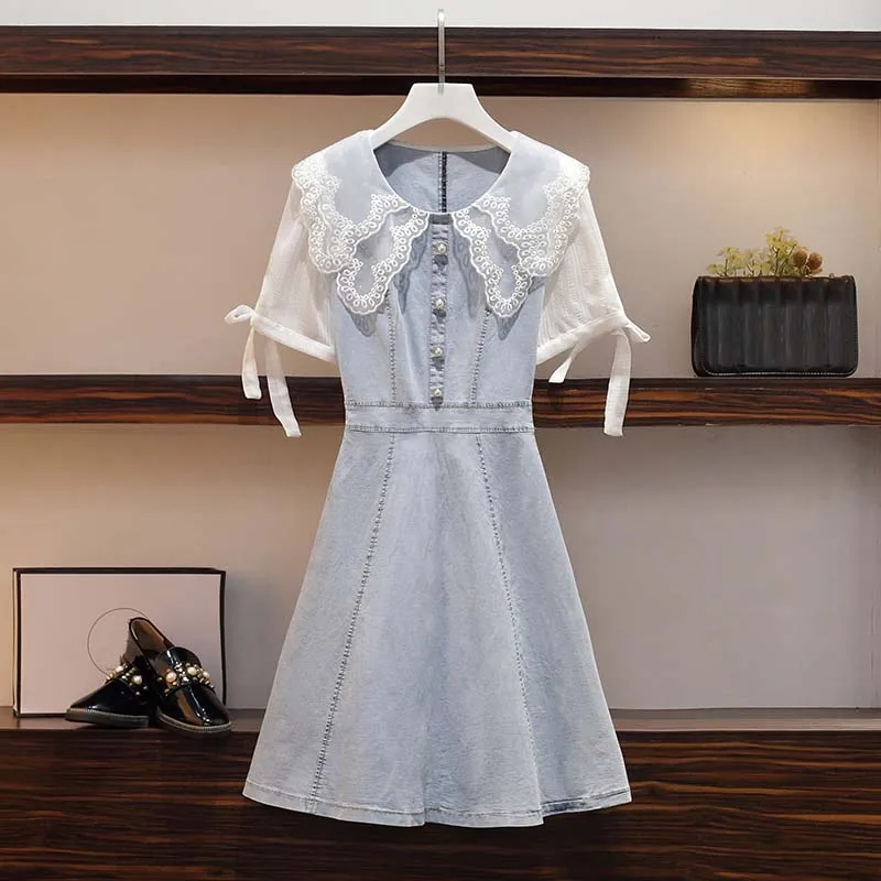 Женское джинсовое платье размера плюс 6XL летнее с кукольным воротником