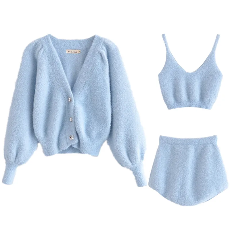 2021 Vintage Shaggy Korea Style Black Cardigan Furry Single-breasted Button Tank Top Knitted Sweater Jumper 1 Set |