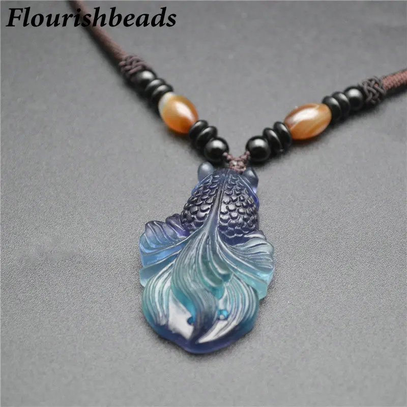 

High Quality Natural Colorful Fluorite Stone Claire Goldfish Shape Pendant Agate Chains Necklace Fashion Jewlery
