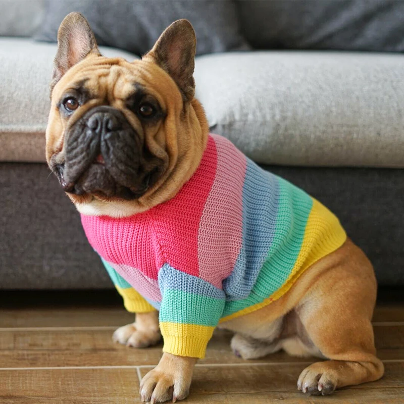 Rainbow Puppy Dog Sweater Winter Warm Clothing for Small Dogs French Bulldogs Christmas Costume Knitting Dog Clothes Mascotas
