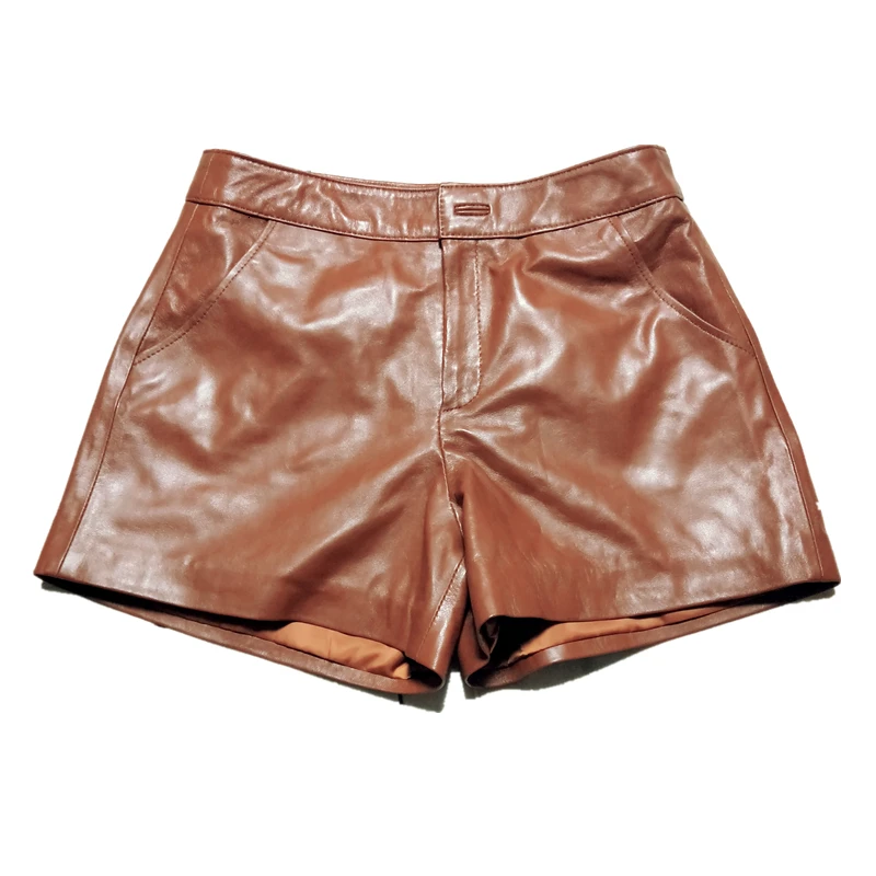 

2020 New Winter Womens Shorts High Quality Genuine Leather Shorts Female Slim Fit High Waist Wide Leg Shorts Plus Size M-3XL
