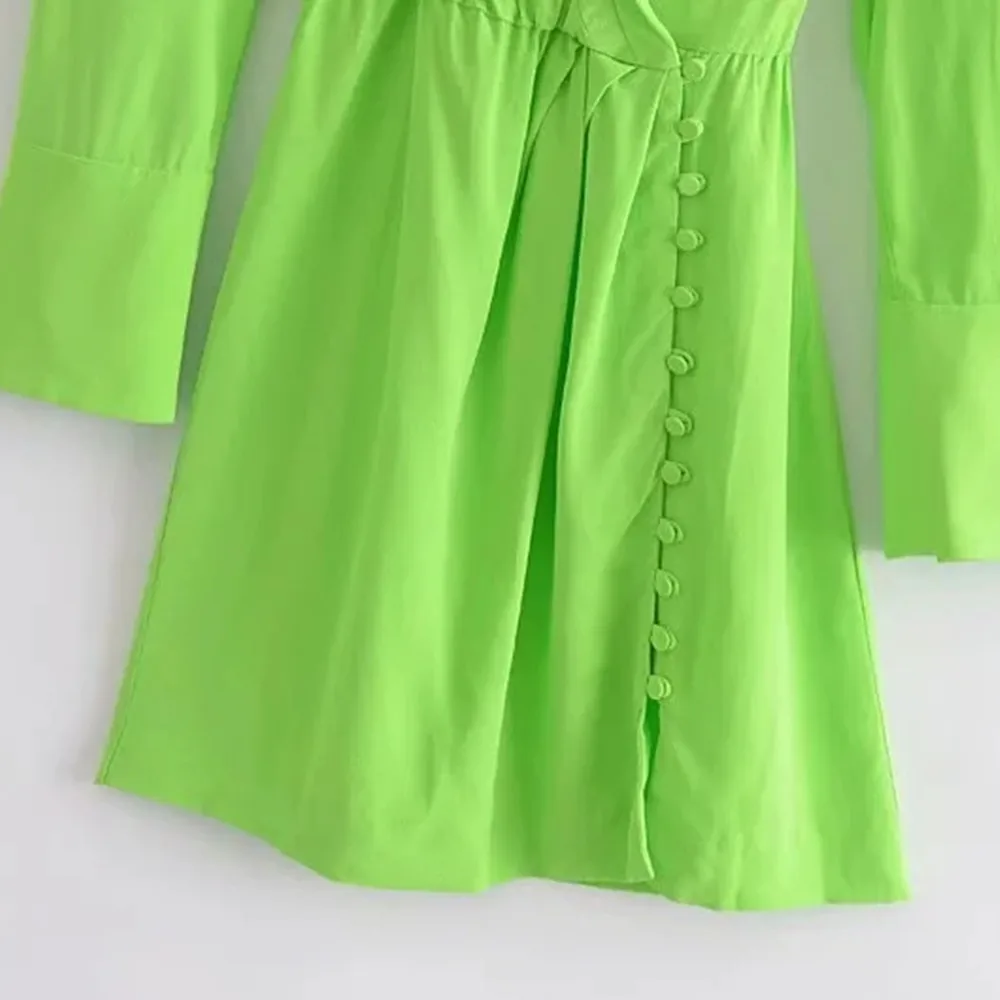 

Za Women 2021 New Chic Fashion Green Mini Dress Vintage Long Sleeves With Shoulder Pads Shirt Style Female Dresses Vestidos