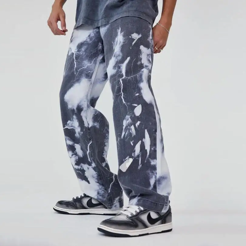 

Мужские винтажные джинсы в Корейском стиле, Свободные повседневные Прямые брюки с широкими штанинами в стиле Tie-dye, модель W2348