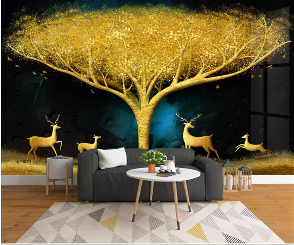 

3D светлый роскошный фон любого размера под заказ, золотые листья, деревья удачи, семейный олень, Фоновые наклейки для гостиной, настенные Фотообои