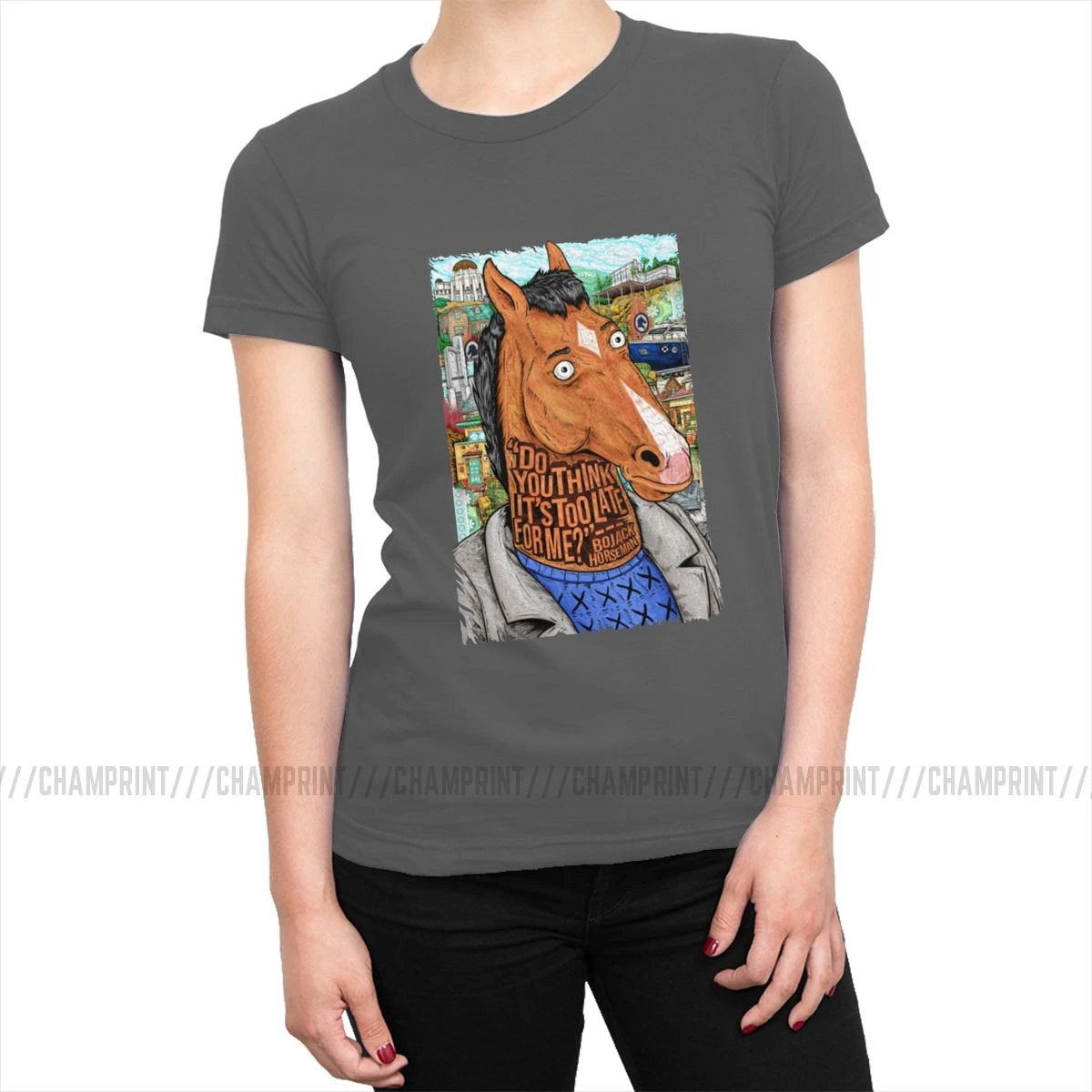 Женская футболка Bojack Horseman с забавным рисунком, эстетическая футболка с круглым вырезом, хлопковая уличная одежда размера плюс, женская одежда - Цвет: Темно-серый