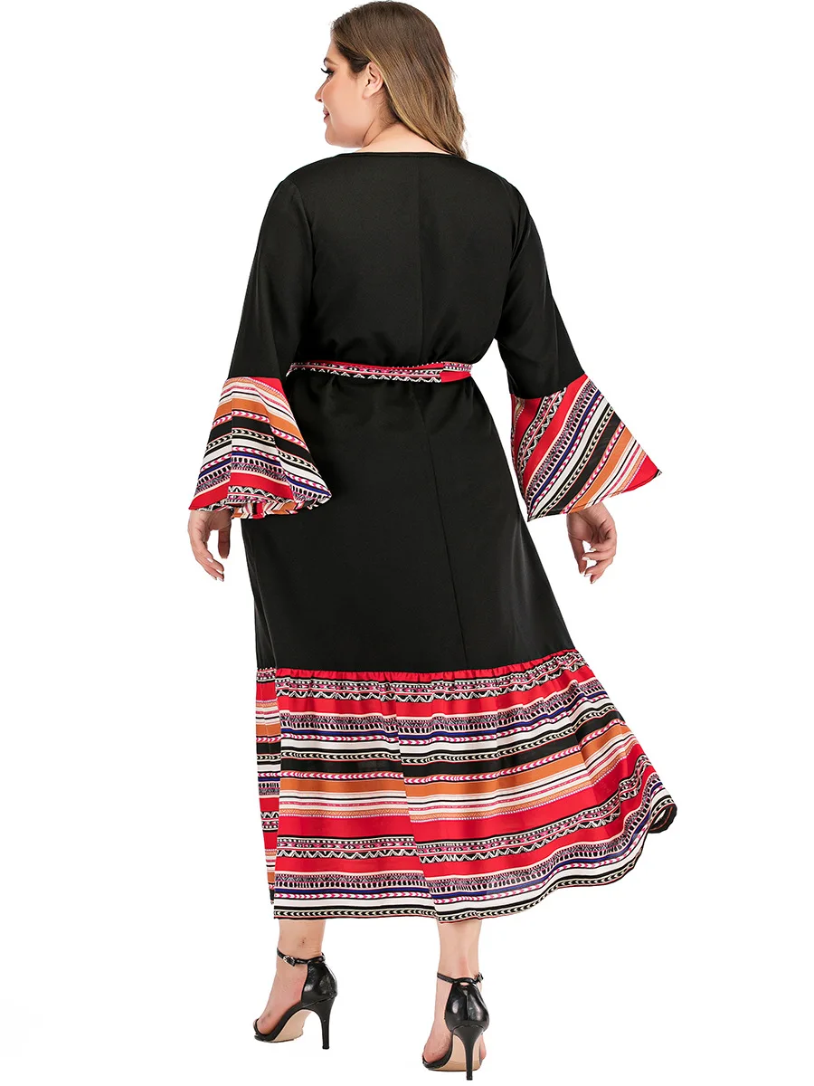 Vintage Dress Contrasting Plus Size Stitching V Neck Long Sleeve Calf Length Oversize Black Tie Casual Dress For Elegant Party