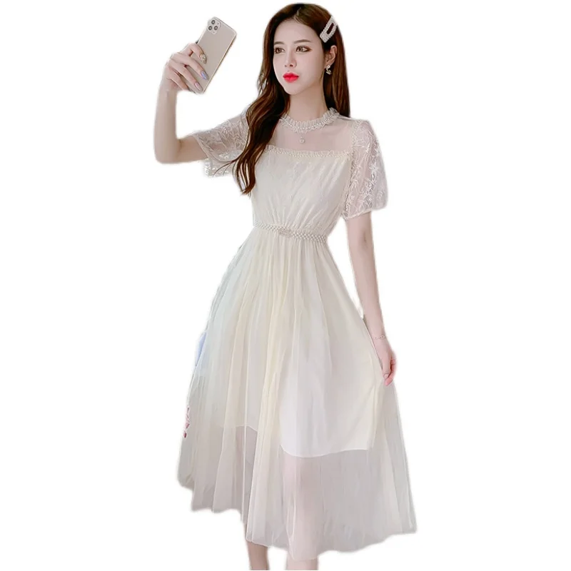 

COIGARSAM French Style Lace Women dress New Summer Mesh High Waist Dresses Blue Apricot 1916