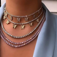 gold filled iced out bling hip hop women charm jewelry geometry heart arrow cz tennis chain with cz butterfly choker necklaces