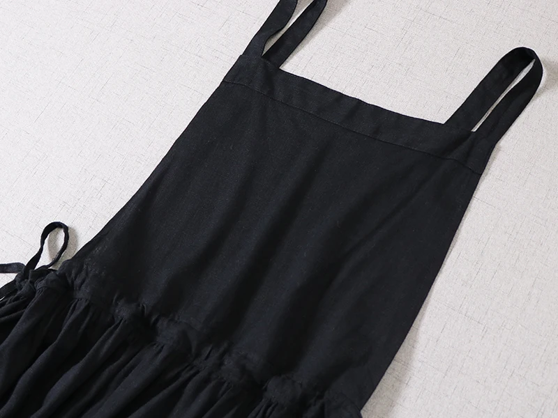 

Japan Style Mori Girl Linen Strap Dress Loose Solid Color Big Hem Elastic Waist Long Dress Women