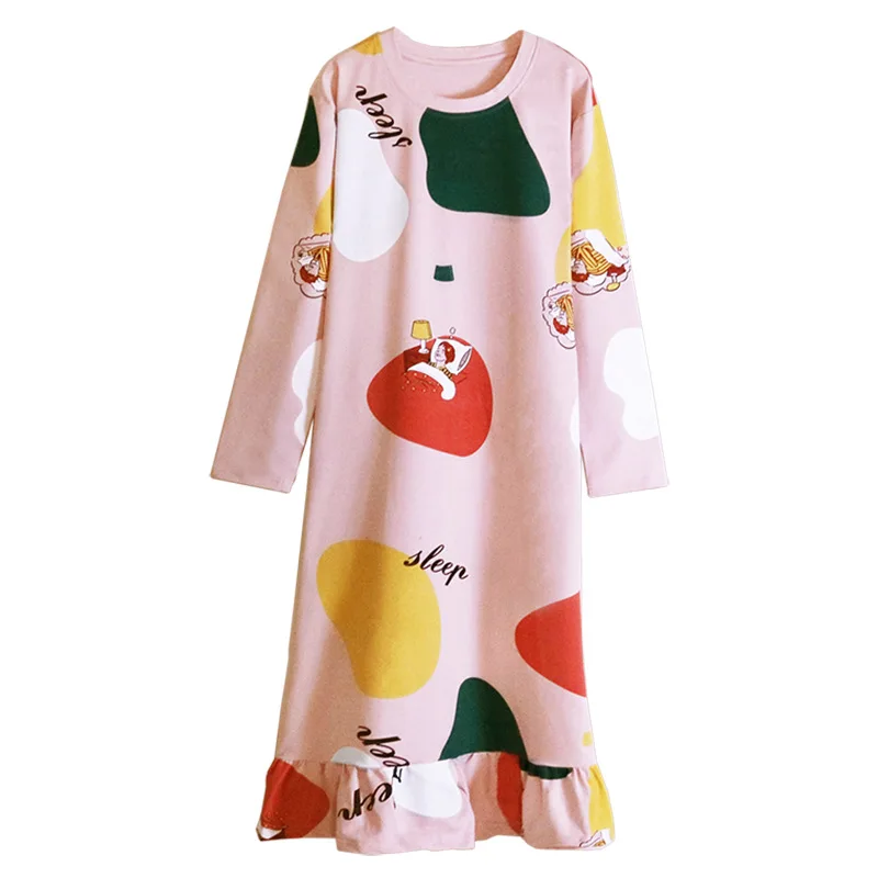 

2021Women's Homewear Spring and Autumn Women's Nightdress Long Sleeve Round Neck Women Nightgown Sleepwear Sleep Tops Nightwear