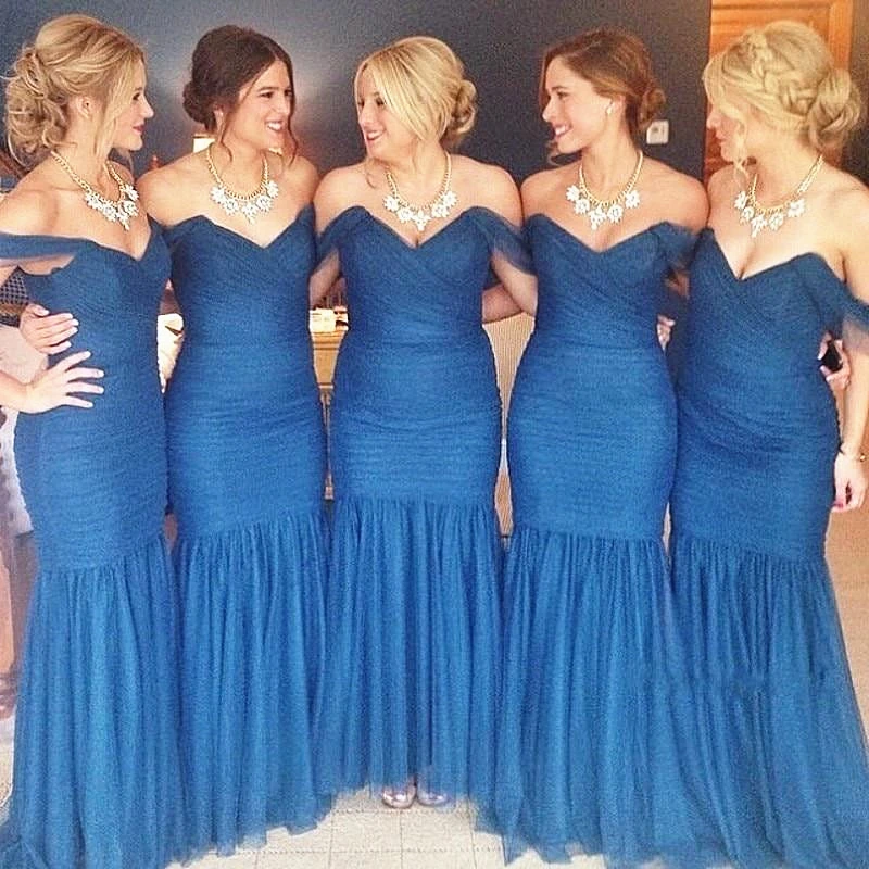 

Long Mermaid Bridesmaid Dresses for Wedding Party Off the Shoulder Pleated Tulle Navy Blue Floor Length Evening Prom Gowns