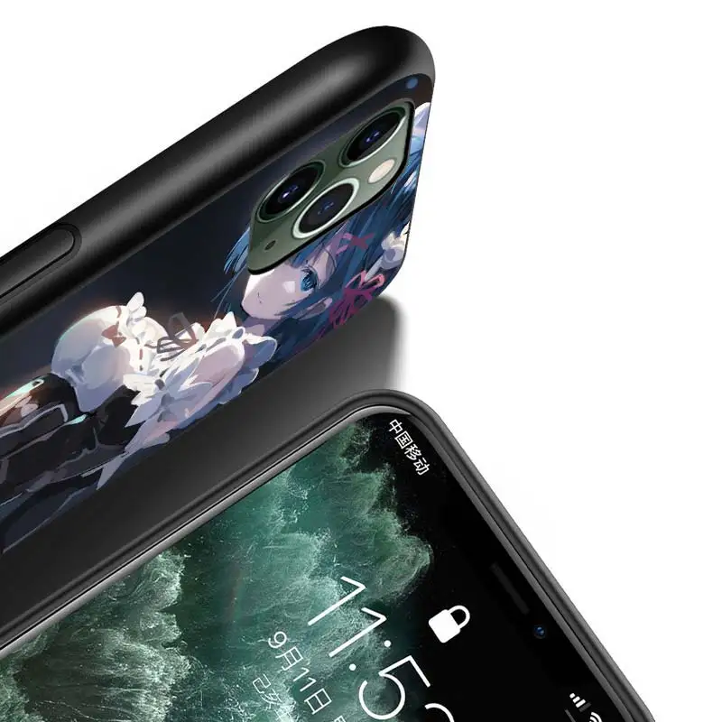 

Cartoon Anime Rem For iPhone 12 Pro Max Mini 11 Pro XS Max X XR 6S 6 7 8 Plus 5S Bright Black Phone Case