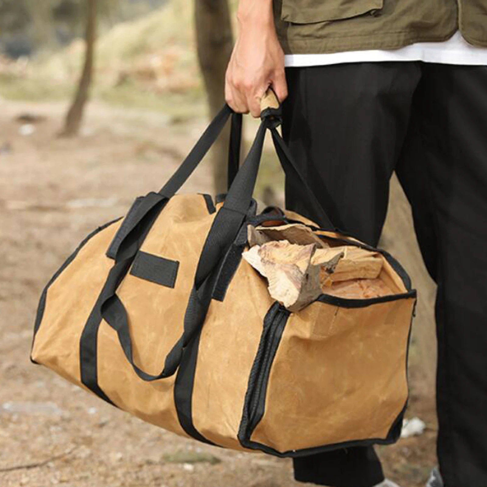 

Waterproof Wax Canvas Firewood Bag Fireplace Log Carrier Tote Rack Barbecue