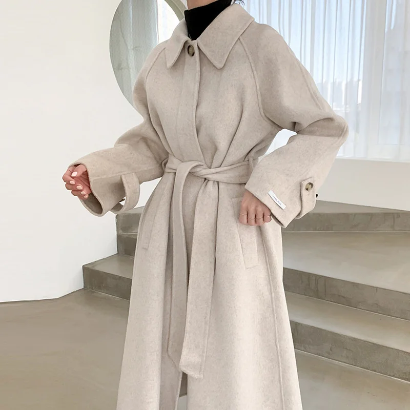 

Korean Chic French Lapel Single Breasted Lace Up Waist Double Pocket Long Wool Coat Women's Coat