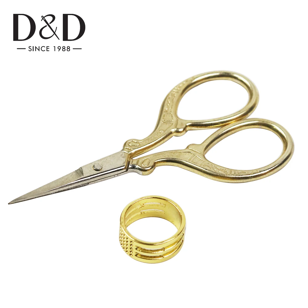 D&D 2Pcs Sewing Kit Stainless Steel Embroidery Tailor's Scissors& Metal Stitch Sewing Thimble Sewing Set DIY Needlework Tools