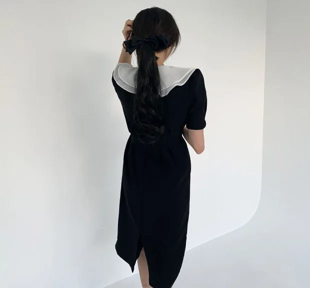 

New Summer Women All-match double-layer doll collar Dress stitching waist slim short sleeve split Dress 2021
