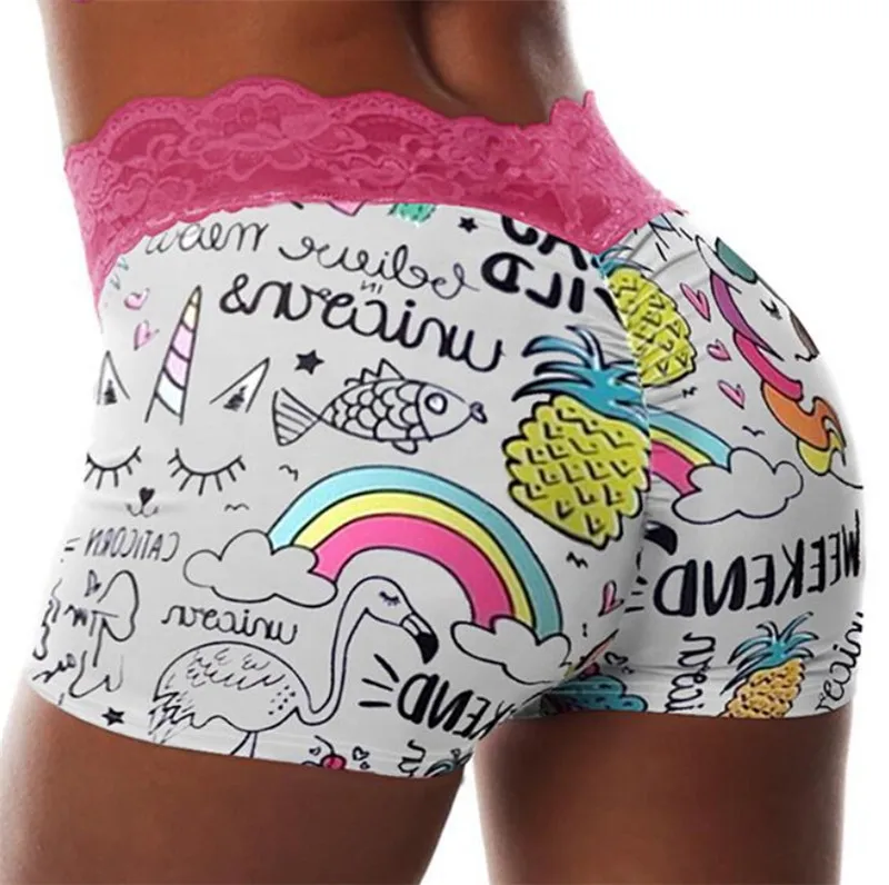 

Crochet Lace Wide Waistband Lip Print Ruched Casual Sexy Shorts Women Summer Shorts