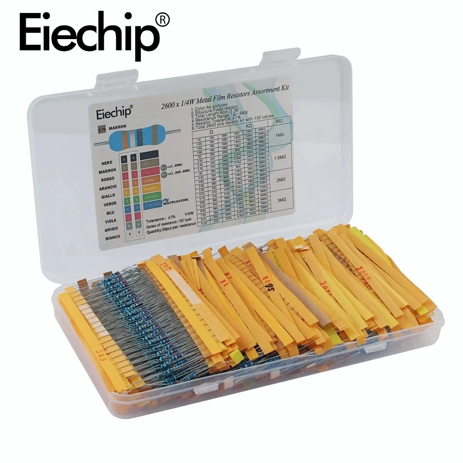 1R~10M resistor kit 1/4W 0.25W Metal Film Resistor Assorted Kit,diy Electronic resistors box 500/600/2600pcs 1% resistor pack