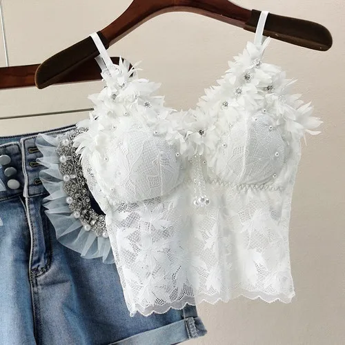 

Crop Top Mujer Heavy Industry Beads Sling Beautiful Bra Sports Lace Camisole Tanks for Women White Outwears