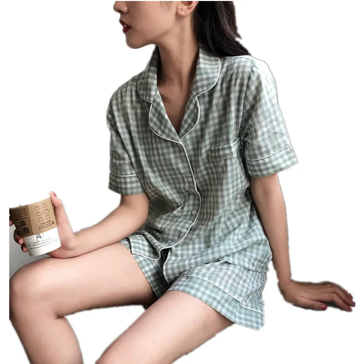 2021 New Comfortable Pajamas Women's Short Sleeve Shorts Plaid Home Suit Female Sleepwear Sleeping Wear Lady Nightwear Lingerie