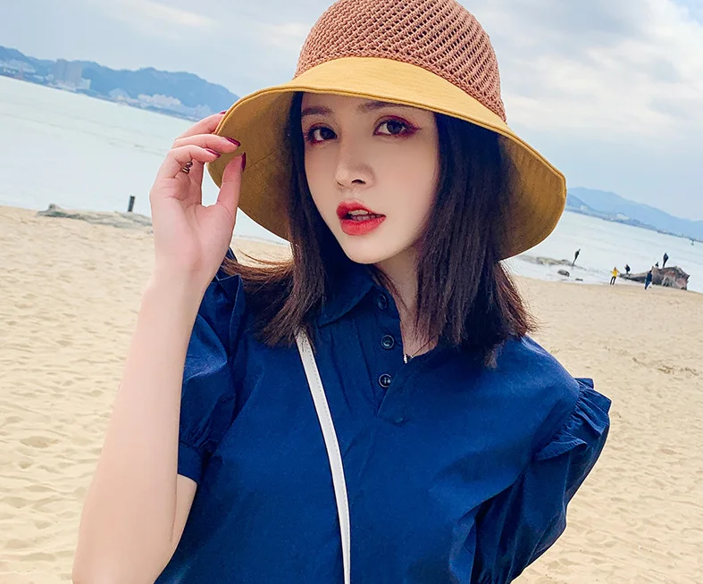 

Spring and summer female Korean edition fisherman hat outdoor anti ultraviolet sunshade hat hollow breathable bow beach sun hat