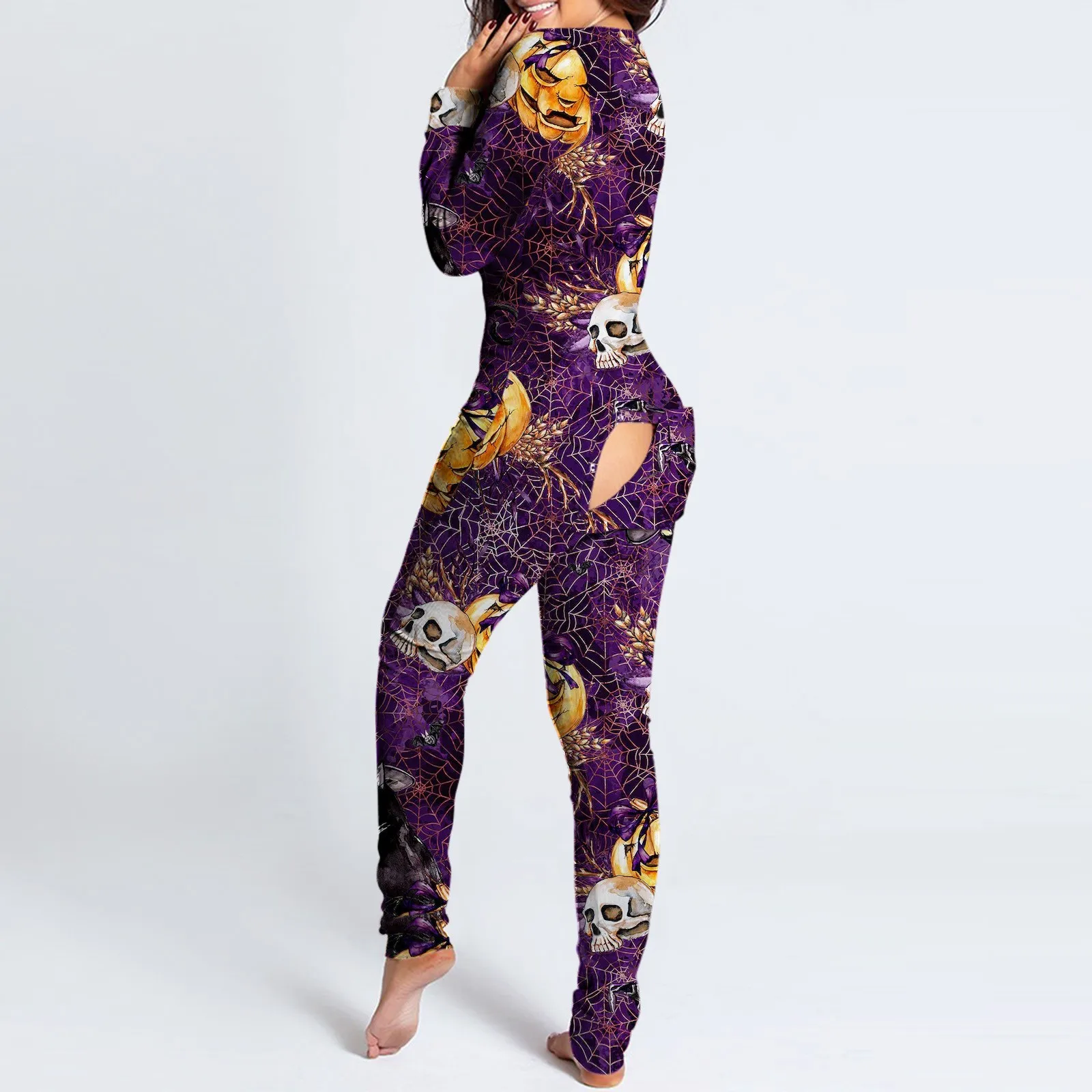 

Женский Пижамный комбинезон на пуговицах, с V-образным вырезом и длинным рукавом