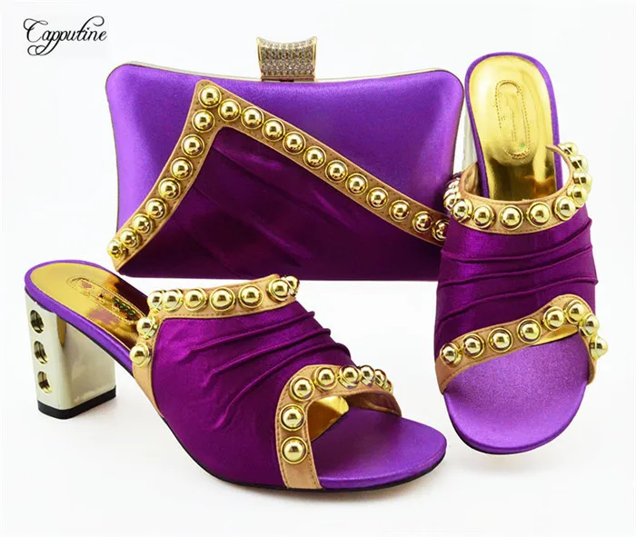 

Новейшие фиолетовые туфли на высоком каблуке и сумочка-клатч в комплекте; Модные женские туфли; MM1090; Высота каблука 7,5 см