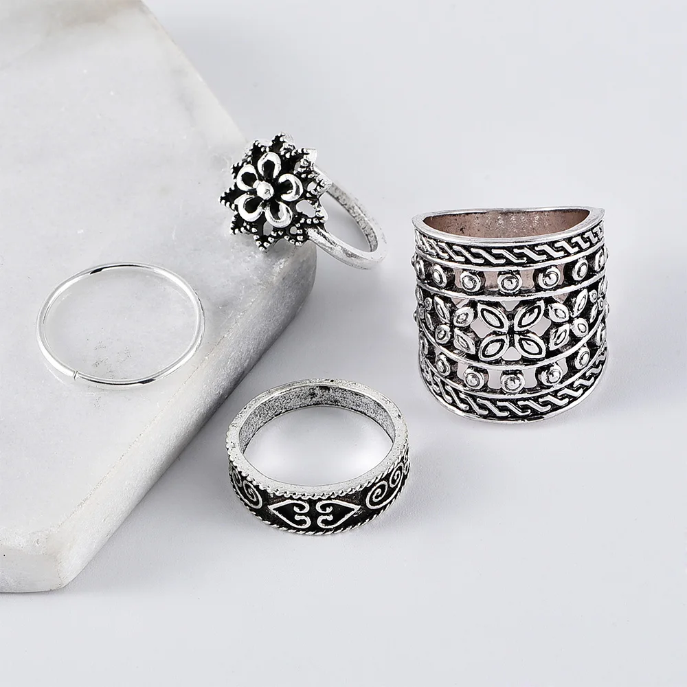 4 шт./компл. женские кольца резной тотем цветок персик сердце костяшки серебряный
