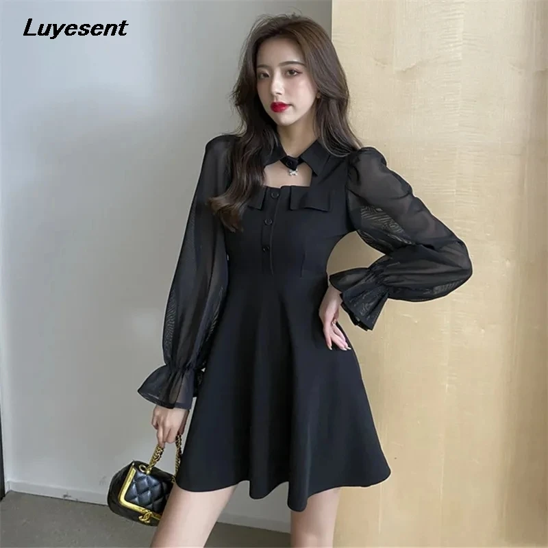 

Women Black Gothic Empire Mini Dress 2022 Lady Hollow Ruffles Mesh Spliced Flare Sleeve Cool Dresses Plus Size 4XL Streetwear