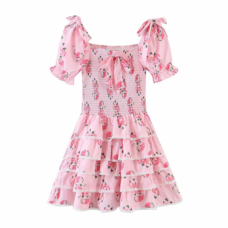 

YENKYE Sweet Bow Floral Print Pink Princess Dress Women Puff Sleeve Sexy Lace Trims Layered Party Dress Lady Summer Short Robe