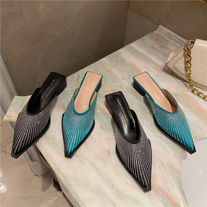 

2021 Rhinestone Women Slippers Pointed Toe Shallow Slip On Thick Mid Heeled Green/Black Shining Slides Mules Shoes Woman Casual