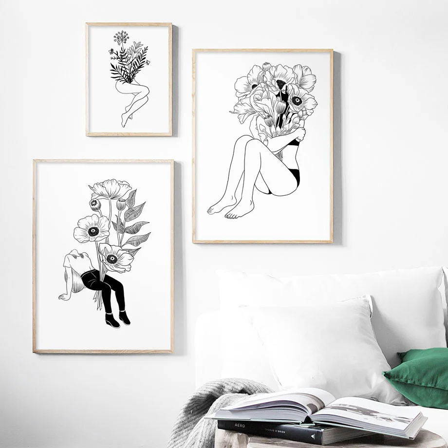 Плакаты и принты в скандинавском стиле с цветочной девушкой настенные